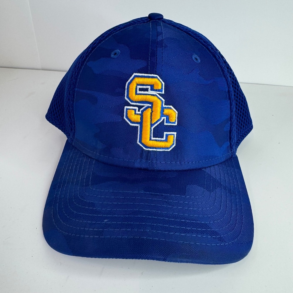 New Era 39THIRTY Hat Mens Medium Large Blue Camo SC Logo Mesh Stretch Fit Cap‎